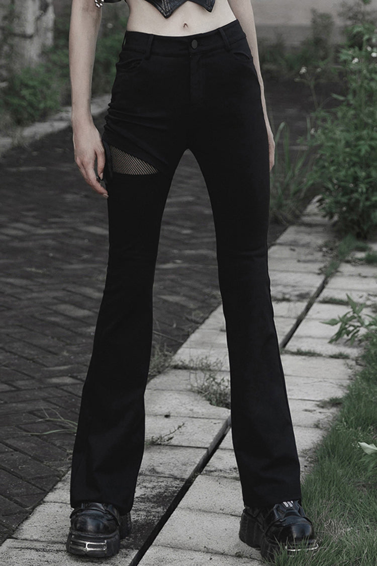 Black Side Open Drawstring Design Sexy Elastic Women's Punk Flared Pants - Black - 1