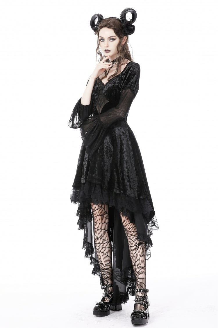 Black Long Puff Sleeves High Low Irregular Multi-Layered Lace Women's Gothic Velvet Dress - Product - 8