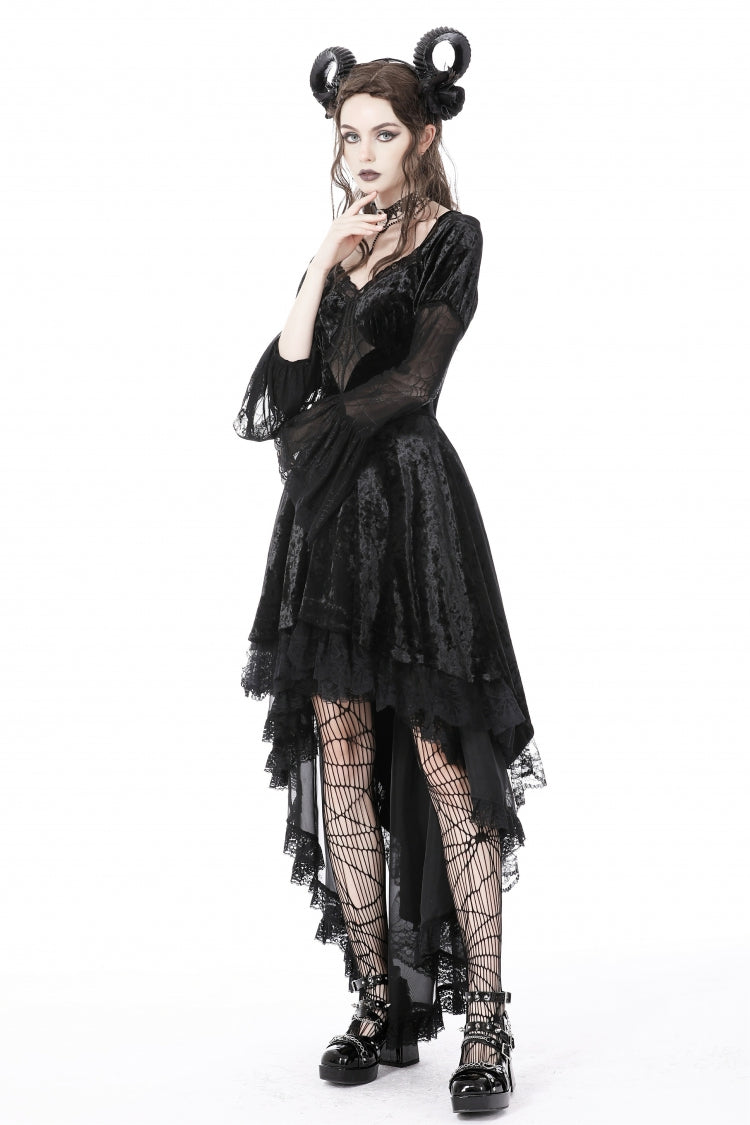 Black Long Puff Sleeves High Low Irregular Multi-Layered Lace Women's Gothic Velvet Dress - Product - 8