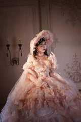 Pink [The Runaway Princess] Sleeveless Multi-Layered Printed Hanayome Bow Lace Pearl-Decorated Sweet Plus Size Gorgeous Lolita Jsk Dress - Product - 13