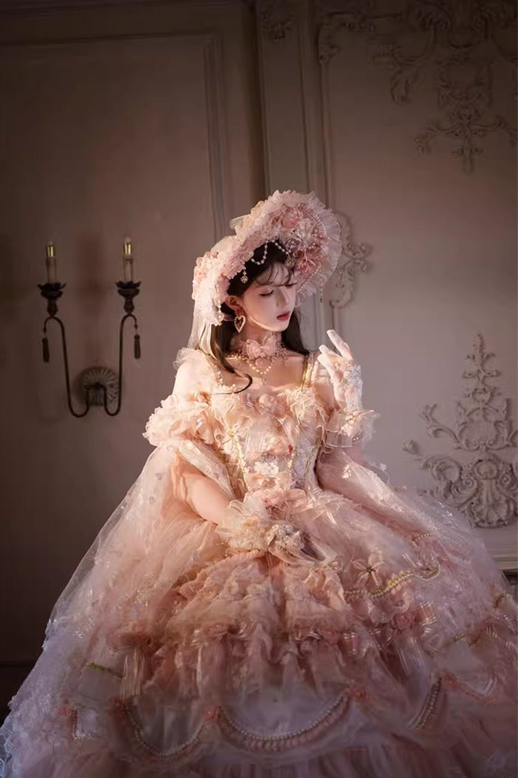 Pink [The Runaway Princess] Sleeveless Multi-Layered Printed Hanayome Bow Lace Pearl-Decorated Sweet Plus Size Gorgeous Lolita Jsk Dress - Product - 13