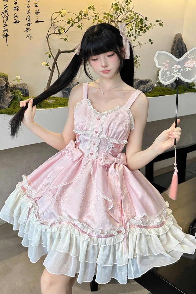 Pink [Spring Flower Notes] Ruffle Bowknot Lace Sweet Princess Lolita Jsk Dress - Product - 9