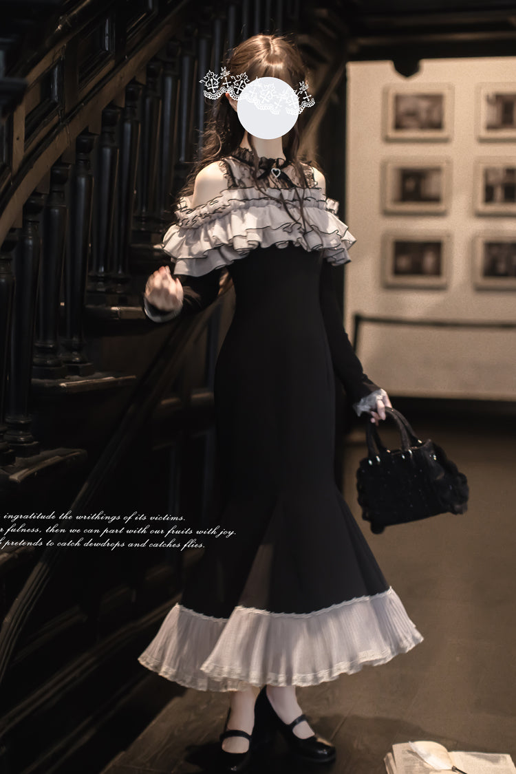 Black [Night Cherry Blossoms] Long Sleeves Ruffle Bowknot Daily Sweet Elegant Lolita Fishtail Dress - Product - 5