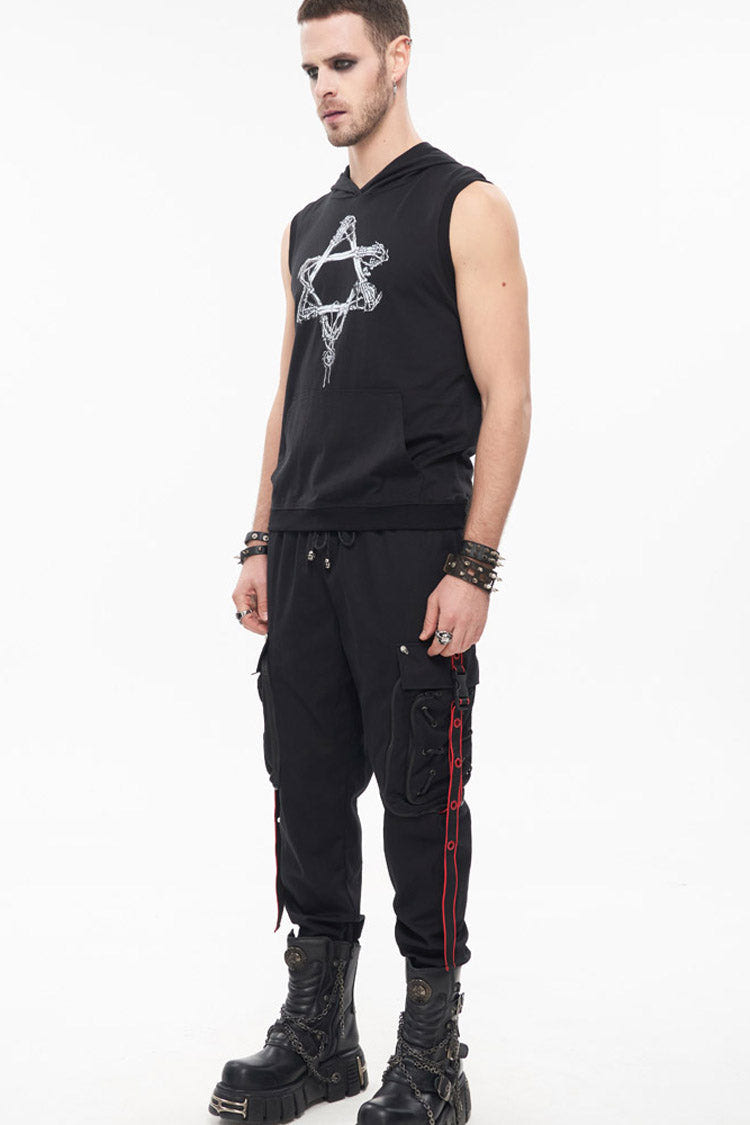 Black Punk Multi Pocket Webbing Decorative Drawstring Men's Long Pants - Product - 7