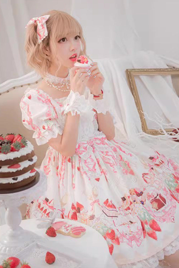 [Strawberry Feast] 半袖 プリント フリル リボン スウィートロリータ ワンピース 4色 商品画像