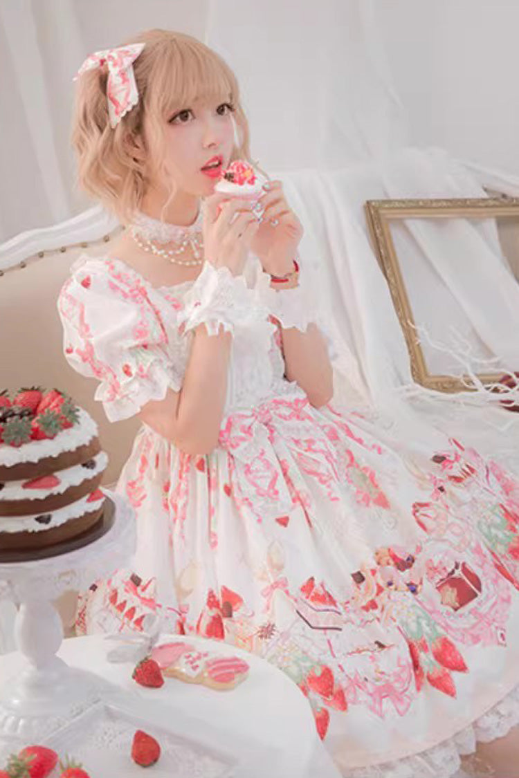 [Strawberry Feast] Short Sleeves Printed Ruffled Bow Sweet Lolita Dress 4 Colors - Product - 7