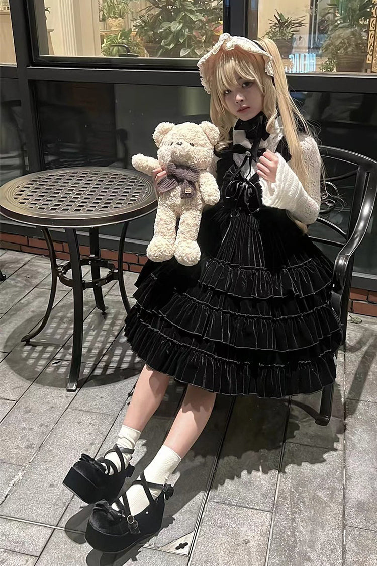 [Sponge Cake] Multi-Layered Ruffle Lace-Up Gothic Lolita Jsk Dress 2 Colors - Product - 6