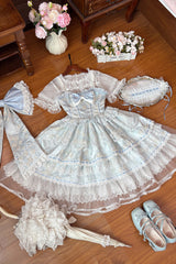 Blue [Moonlight Woven Flower Box] Square Collar Multi-Layered Ruffled Hanayome Embroidered Bow Lace Sweet Plus Size Lolita Jsk Dress Set - Product - 5