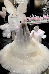 White [Maiden’s Love] Off Shoulder Triple-Layered Ruffled Hanayome Bow Lace Sweet Princess Lolita Dress - Product - 17