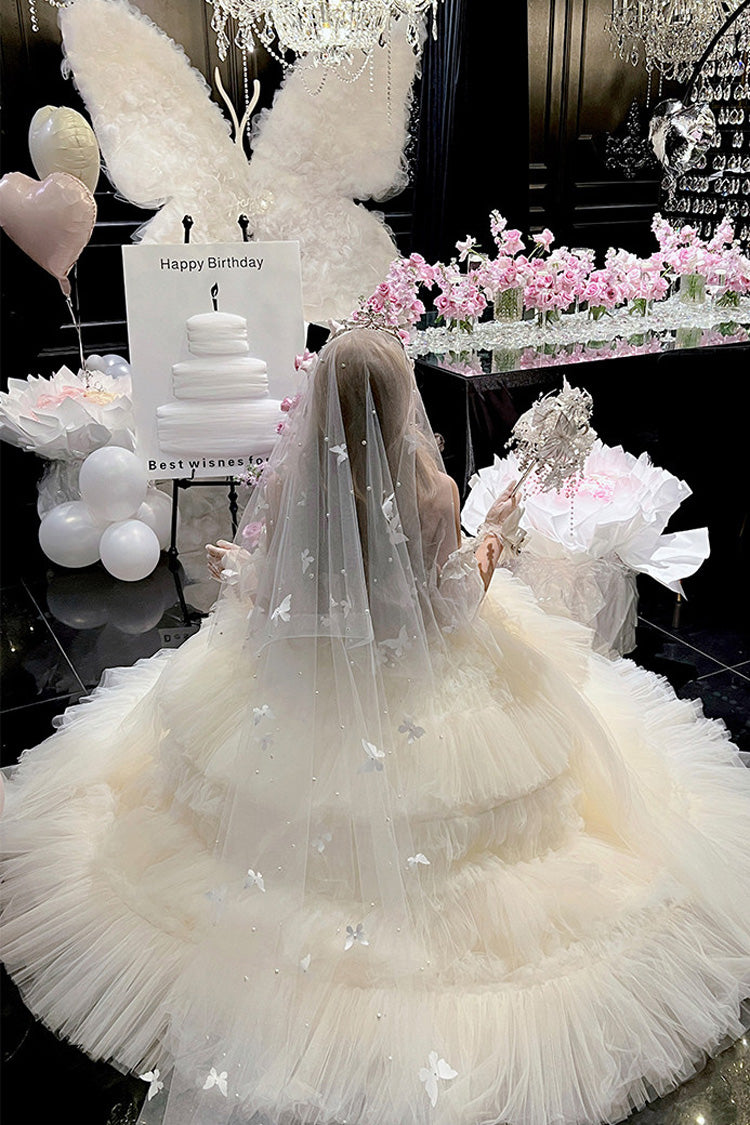 White [Maiden’s Love] Off Shoulder Triple-Layered Ruffled Hanayome Bow Lace Sweet Princess Lolita Dress - Product - 17