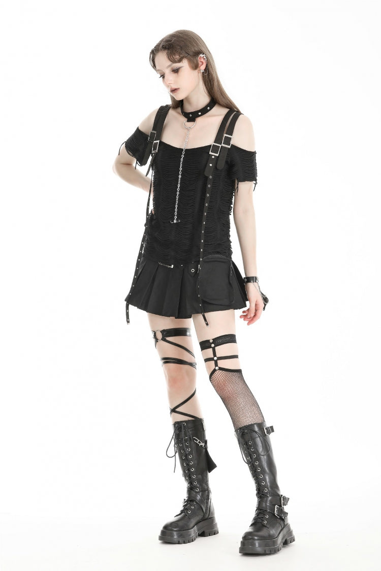 Black Off Shoulder Short Sleeves Ripped Buckled Women's Gothic T-Shirt with Detachable Choker - Product - 9