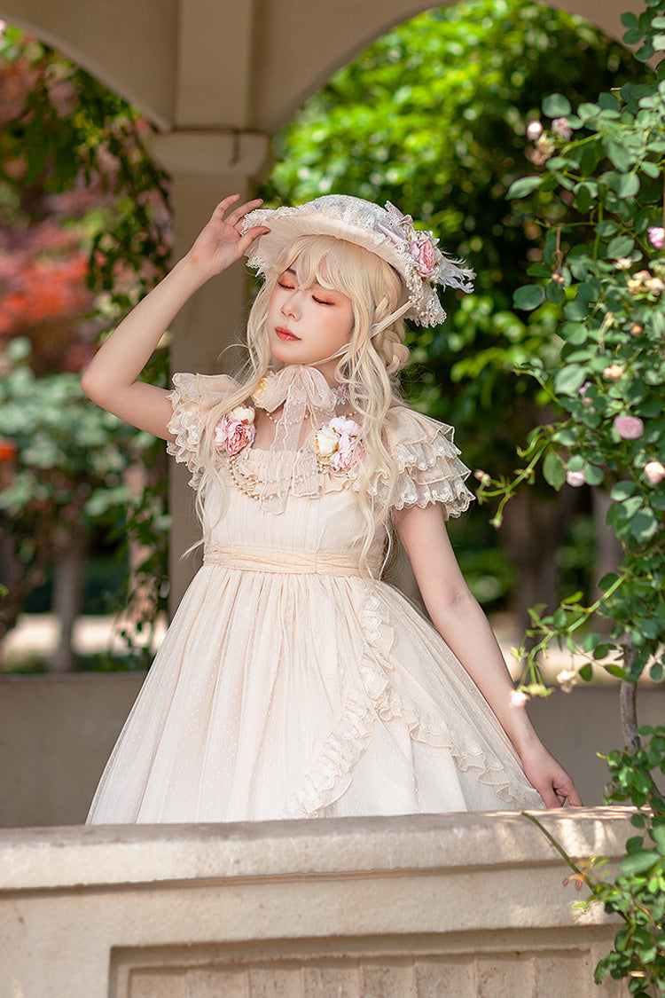 Apricot [Moon goddess *Mediana*] Polka Dot Print Ruffle Bowknot Asymmetric Sweet Elegant Lolita Dress - Product - 5