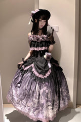 Black/Purple [Angel Garden] Sleeveless Print Ruffle Bowknot Lace Sweet Gothic Lolita Skirt Set - Product - 8