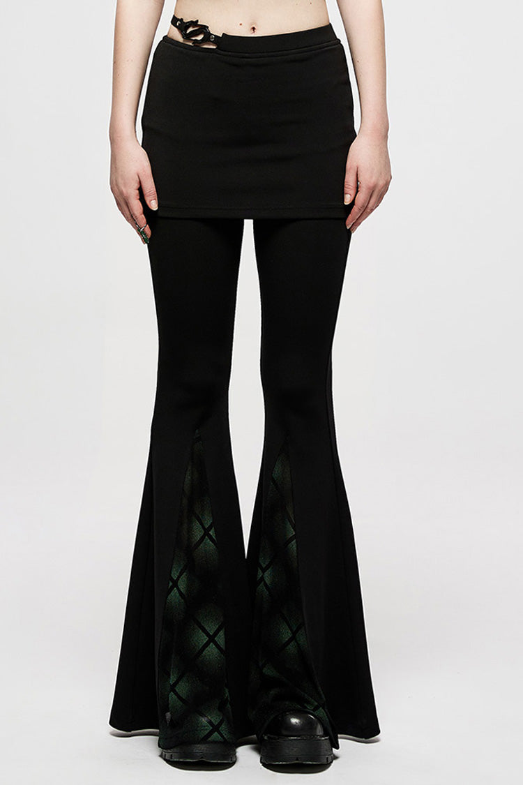 Black Retro Style Dark Plaid Side Shaped Rubber Buckle Decoration Perspective Flare Women's Punk Pant - Black - 1