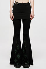 Black Retro Style Dark Plaid Side Shaped Rubber Buckle Decoration Perspective Flare Women's Punk Pant - Black - 1