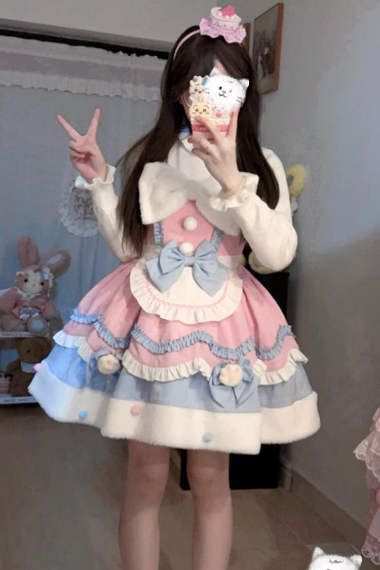 [Cream Snow Cat] Winter Ruffle Bowknot Sweet Lolita Jsk Dress 3 Colors - Pink/Blue - 5