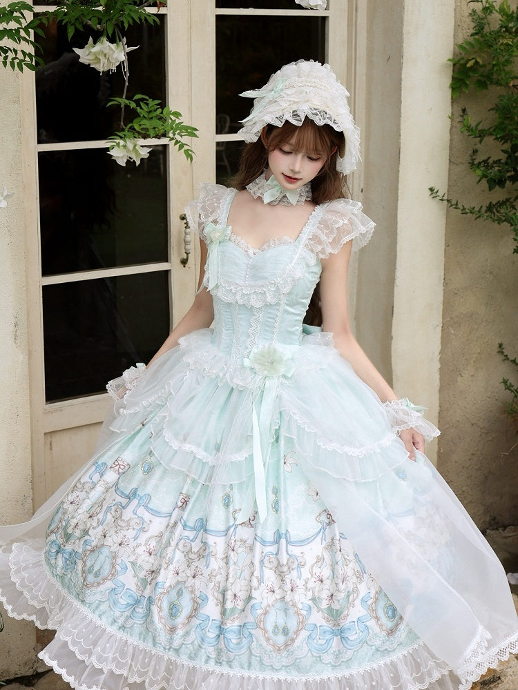 Mint green lily Lolita gown tulle detail