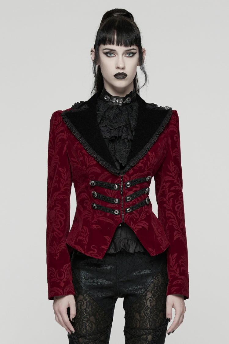 Red/Black Lapel Collar Long Sleeves Lace-Up Zipper Women's Punk Coat - Red/Black - 1
