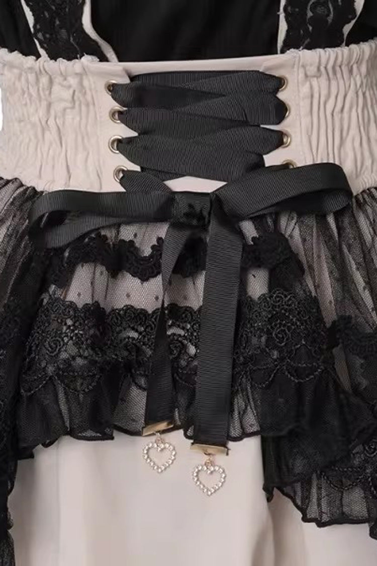 Sweet Sheer Overlay Maid Ruffled Bow Lace-Up Jirai Kei Japanese Suspender Skirt 3 Colors - Product - 3