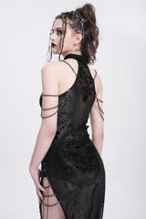 Black Halterneck Sleeveless Cheongsam Collar Side Slit Embroidery Women's Gothic Dress - Product - 8