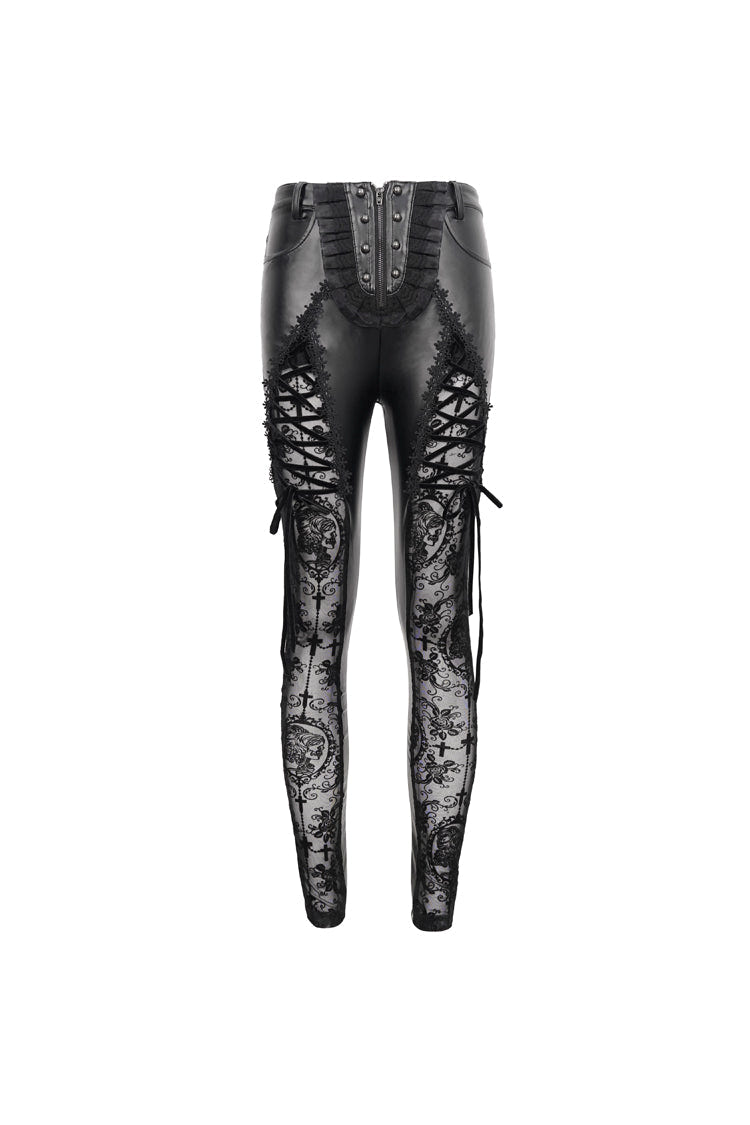 Black Flocked Stretch Slim Thigh Lace String Adjustable Women's Gothic Leggings - Product - 7