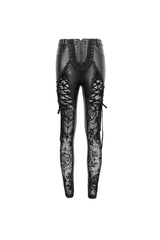 Black Flocked Stretch Slim Thigh Lace String Adjustable Women's Gothic Leggings - Product - 7