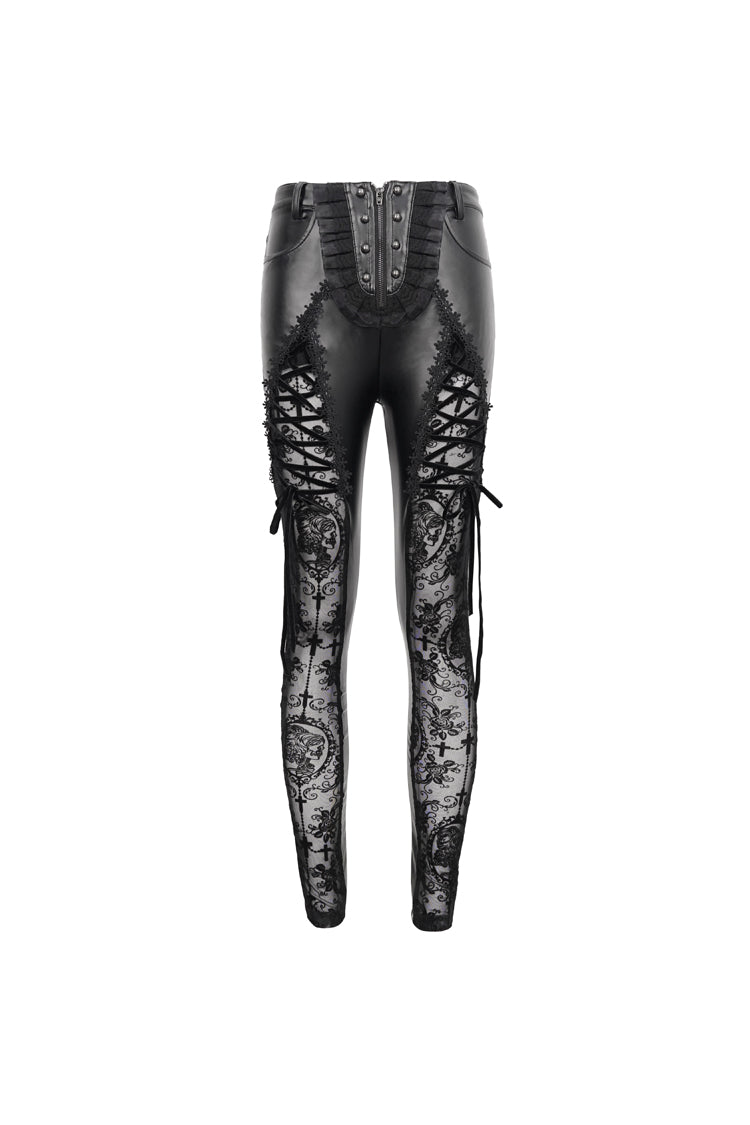 Black Flocked Stretch Slim Thigh Lace String Adjustable Women's Gothic Leggings - Product - 7