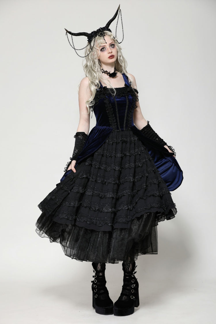 Black/Blue Sleeveless Multi-Layered Ruffled Lace Women's Lolita Gothic Slip Dress Wedding Dress - Product - 8