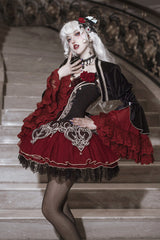 Black/Red [Blood Clan Feast] Ruffle Embroidery Lace Gothic Lolita Jsk Dress Set - Product - 2