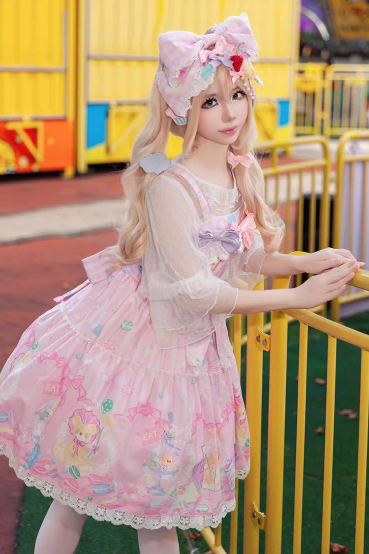 Pink [Macaron Dolly House] Sleeveless Print Bowknot Sweet Lolita Jsk Dress - Product - 2