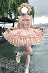 Pink [Candy House] Sleeveless Ruffle Bowknot Lace Lace-Up Sweet Lolita Jsk Dress - Product - 11