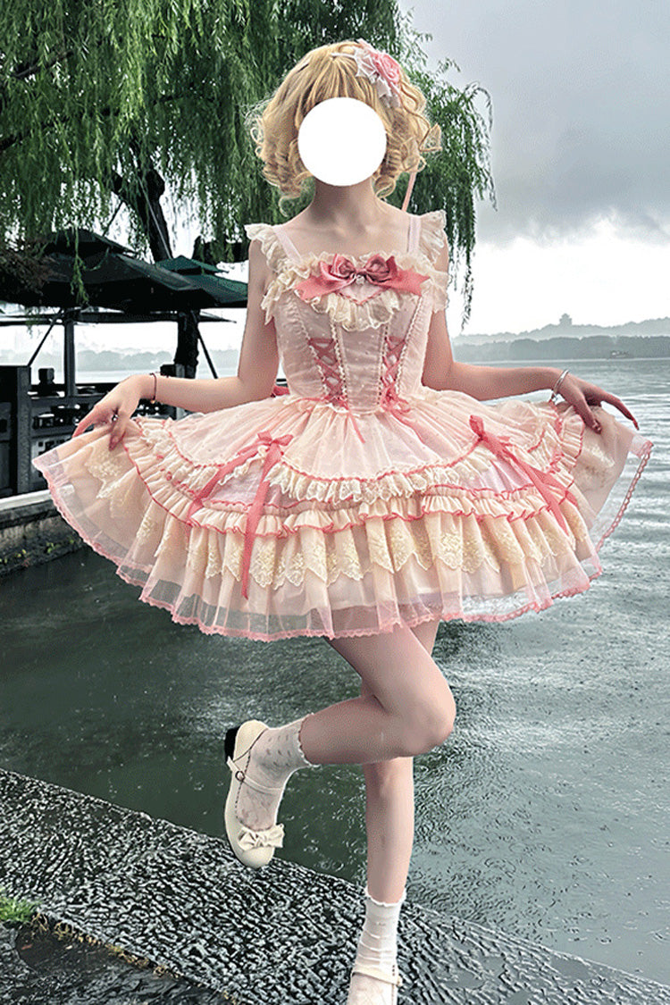 Pink [Candy House] Sleeveless Ruffle Bowknot Lace Lace-Up Sweet Lolita Jsk Dress - Product - 11