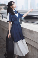 Blue/White College Style Chiffon Kawaii Sweet Dress - Product - 4