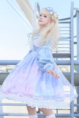 Sky Blue Dreamy Deep Sea Theater Print Bowknot Long Sleeves Princess Sweet Lolita OP Dress - Product - 2