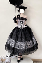 Black [Pin-Up Girl] Boat Neck Printed Ruffled Bow Lace-Up Asymmetric Gothic Elegant Lolita Skirt Set - Product - 4