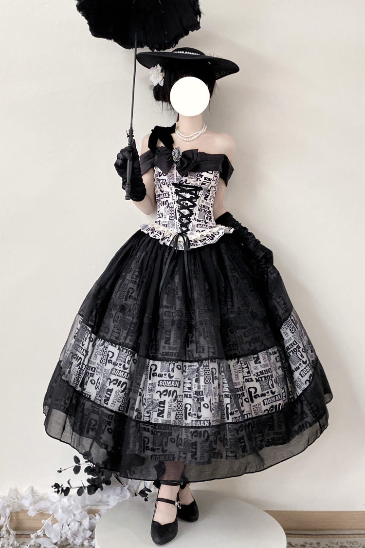 Black [Pin-Up Girl] Boat Neck Printed Ruffled Bow Lace-Up Asymmetric Gothic Elegant Lolita Skirt Set - Product - 4