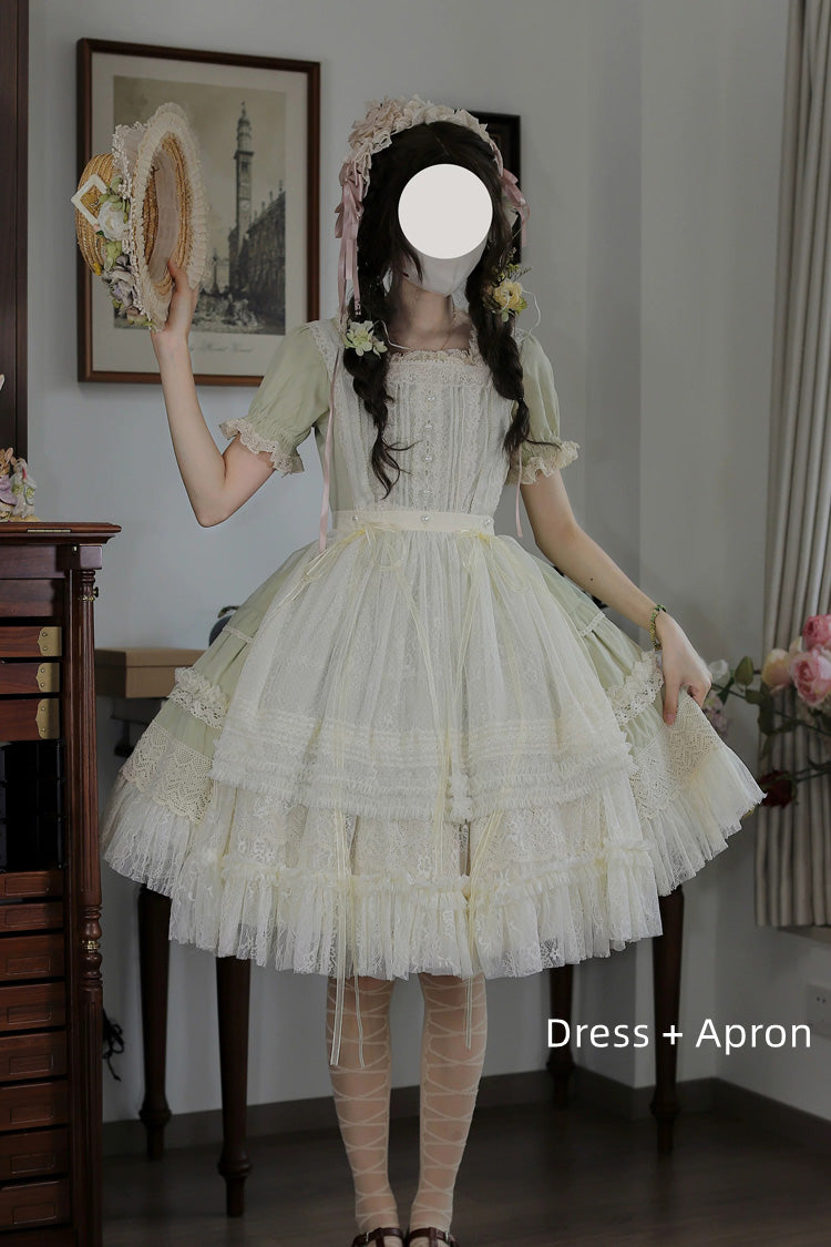 Muscat Green [Vintage Ball 3.0] Square Collar Short Sleeves Lace Pearl Detail Sweet Lolita Dress - Product - 4