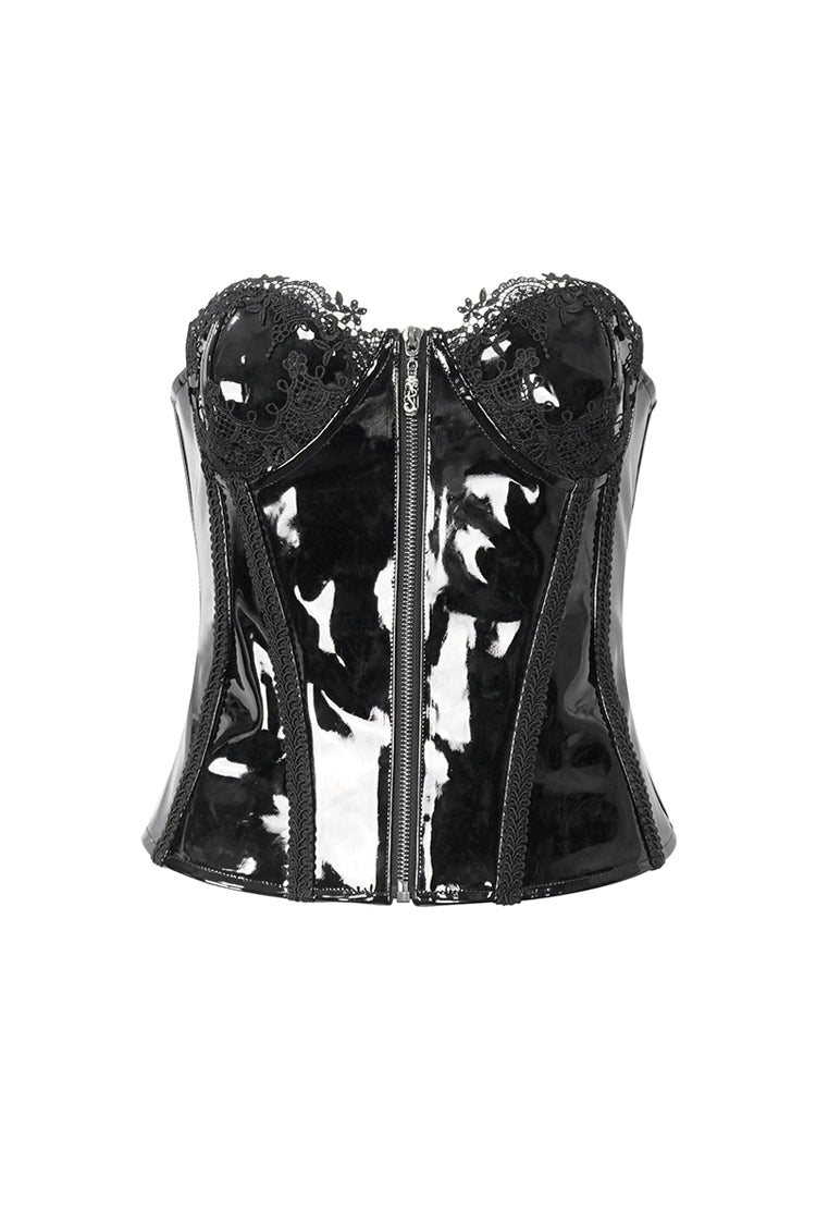 Black Lace Splice Patent Leather Women's Punk Overbust Corset - Product - 7