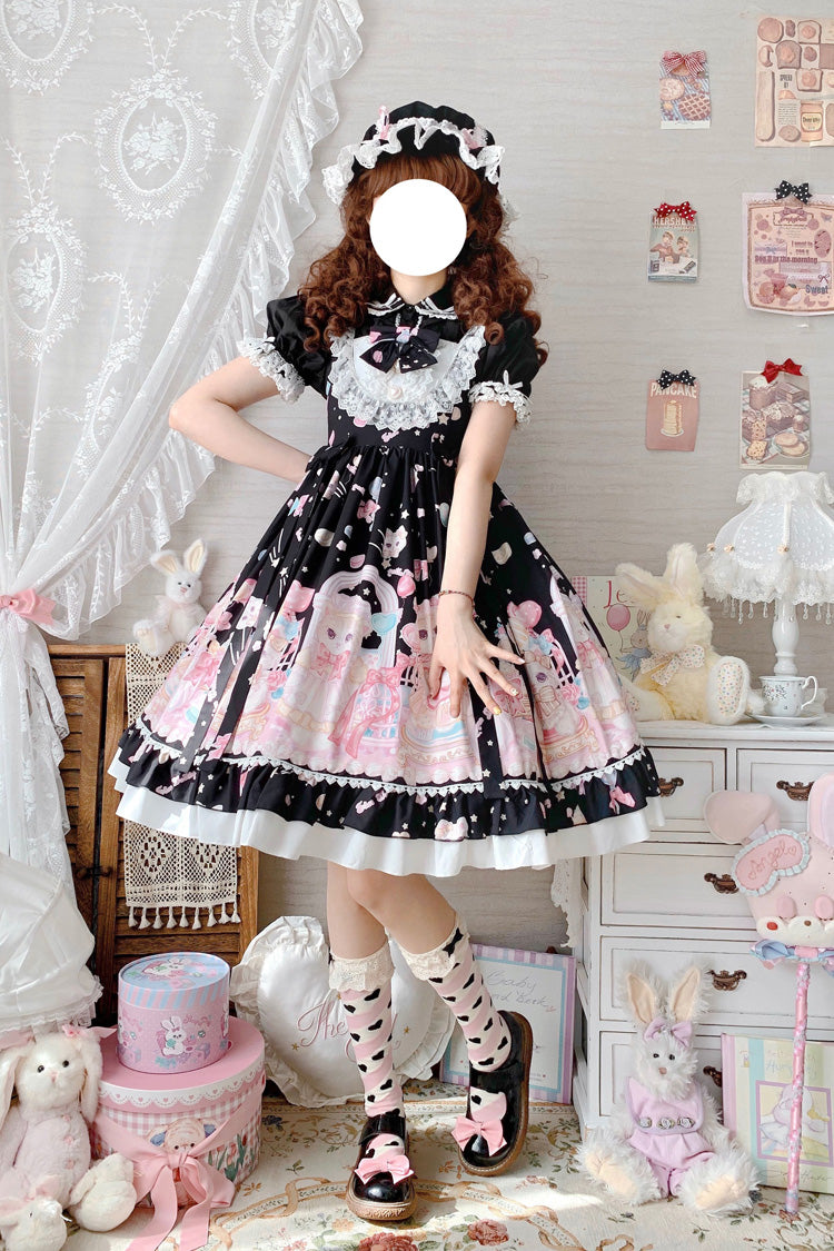 Black/Pink Cute Cat Print High Waisted Ruffle Bowknot Sweet Princess Lolita JSK Dress - Product - 4