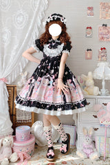 Black/Pink Cute Cat Print High Waisted Ruffle Bowknot Sweet Princess Lolita JSK Dress - Product - 4