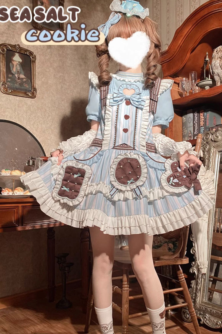Light Blue Sea Salt Cookies Short Sleeves Print Ruffle Bowknot Sweet Lolita Dress - Product - 7