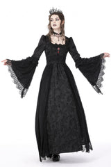 Black Square Collar Long Hime Sleeves Embroidered Lace Spliced Women's Gothic Maxi Wedding Dress - Black - 1