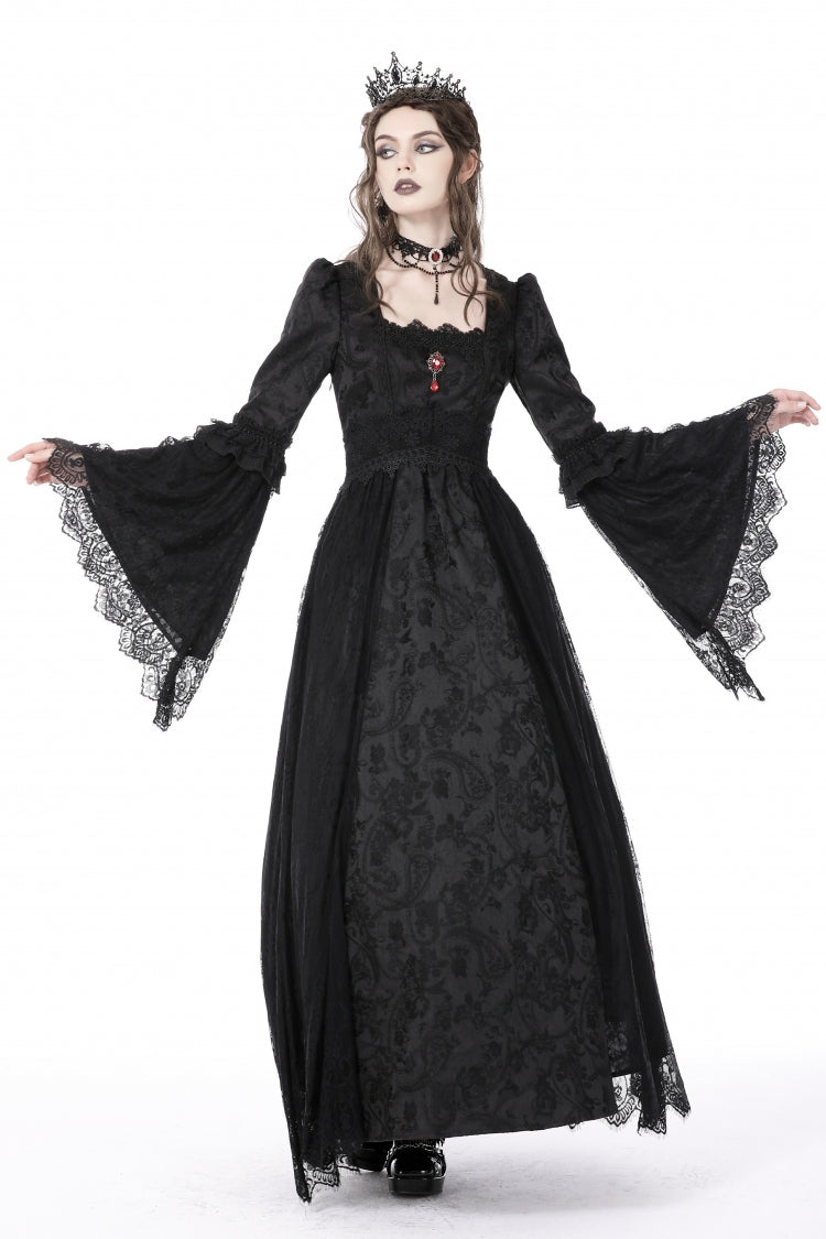 Black Square Collar Long Hime Sleeves Embroidered Lace Spliced Women's Gothic Maxi Wedding Dress - Black - 1