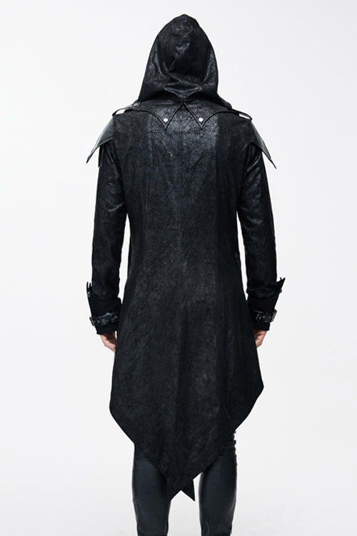 False Two Pieces Black Hooded Leather Long Mens Gothic Coats - Product - 3