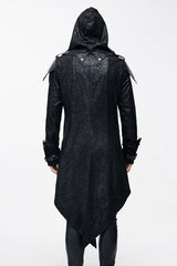 False Two Pieces Black Hooded Leather Long Mens Gothic Coats - Product - 3