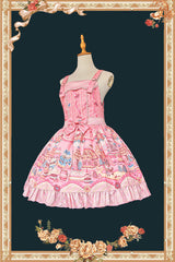 Pink [Candy House] Square Collar Sleeveless Printed Ruffled Bow Sweet Lolita Strap Dress - Product - 2