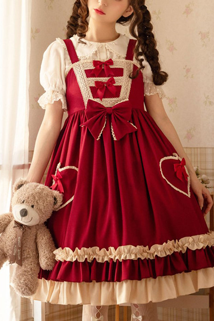 Wine Love Heart Shape Pockets Bowknot Classic Lolita Jsk Dress - Wine - 1