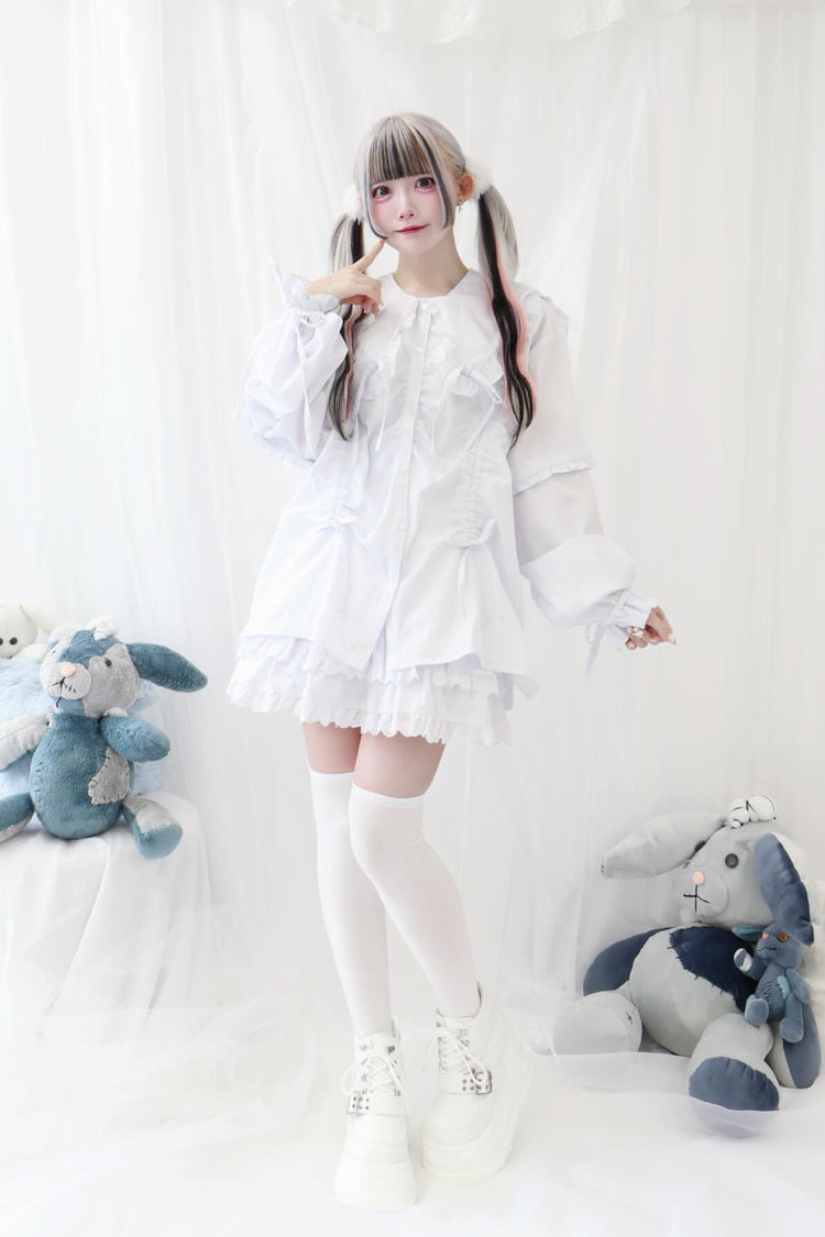 Doll Collar Long Sleeves Ruffle Bowknot Sweet Jirai Kei Japanese Blouse 3 Colors - Product - 9