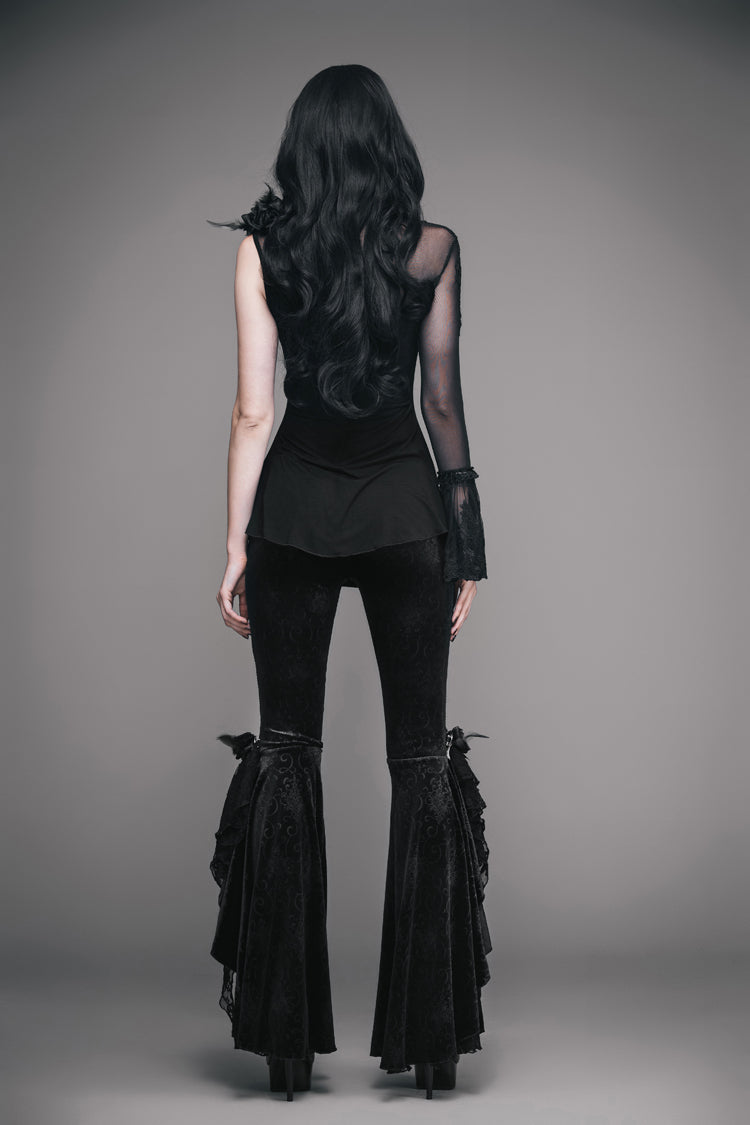 Black Shoulder Decals Feather Decoration Single Sleeve Splice Mesh Women's Gothic Knit - Product - 6