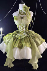 Green [Camellia Covenant] Halterneck Ruffled Bow Lace Lace-Up Sweet Lolita Jsk Dress - Product - 4